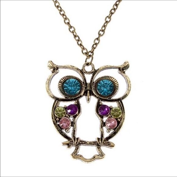 Bronze Crystal Studded Owl Necklace - Picture 1 of 6